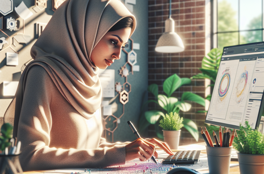 A woman in a hijab working at a desk with a computer, surrounded by plants and office supplies, in a sunlit room with charts and hexagonal designs on the wall.