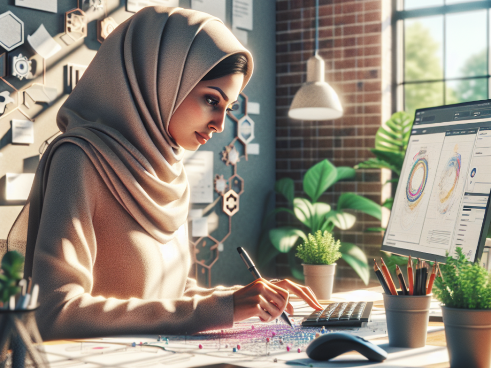 A woman in a hijab working at a desk with a computer, surrounded by plants and office supplies, in a sunlit room with charts and hexagonal designs on the wall.