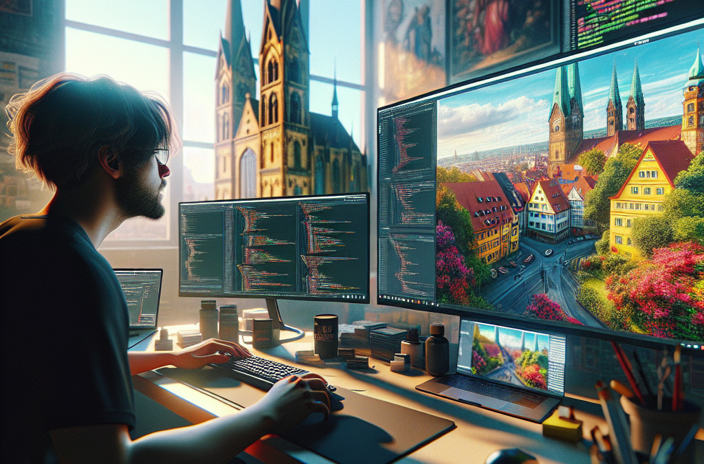 A person working at a desk with multiple computer monitors displaying code and a picturesque town. Sunlight streams through a window revealing a cathedral in the background.