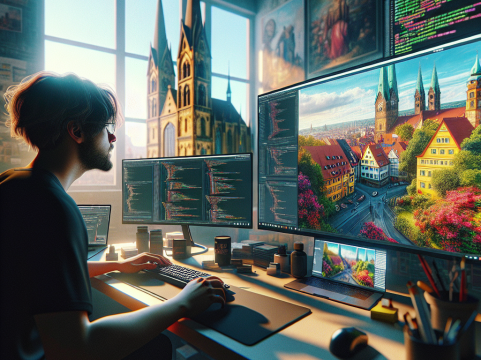 A person working at a desk with multiple computer monitors displaying code and a picturesque town. Sunlight streams through a window revealing a cathedral in the background.
