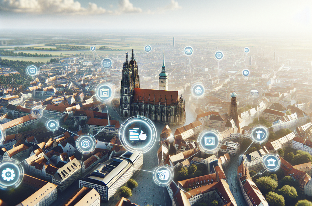 Aerial view of a city with digital communication icons overlayed, including symbols for Wi-Fi, settings, and media, highlighting smart city concepts. A prominent cathedral is visible in the foreground.