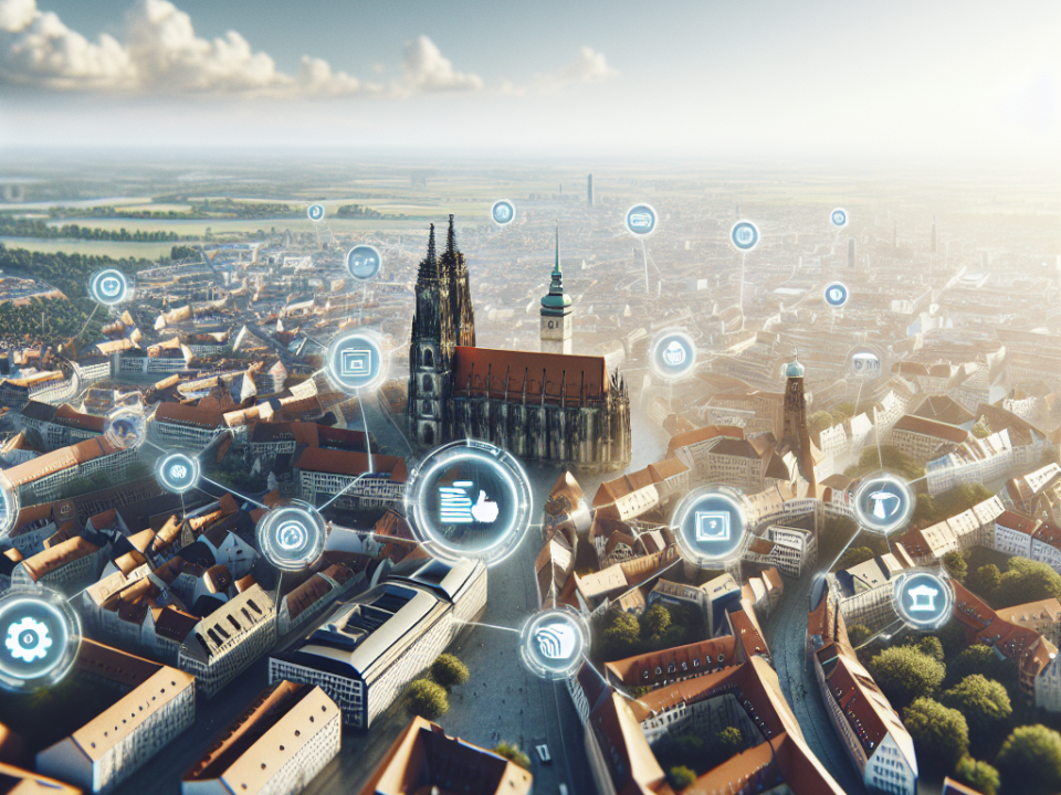 Aerial view of a city with digital communication icons overlayed, including symbols for Wi-Fi, settings, and media, highlighting smart city concepts. A prominent cathedral is visible in the foreground.