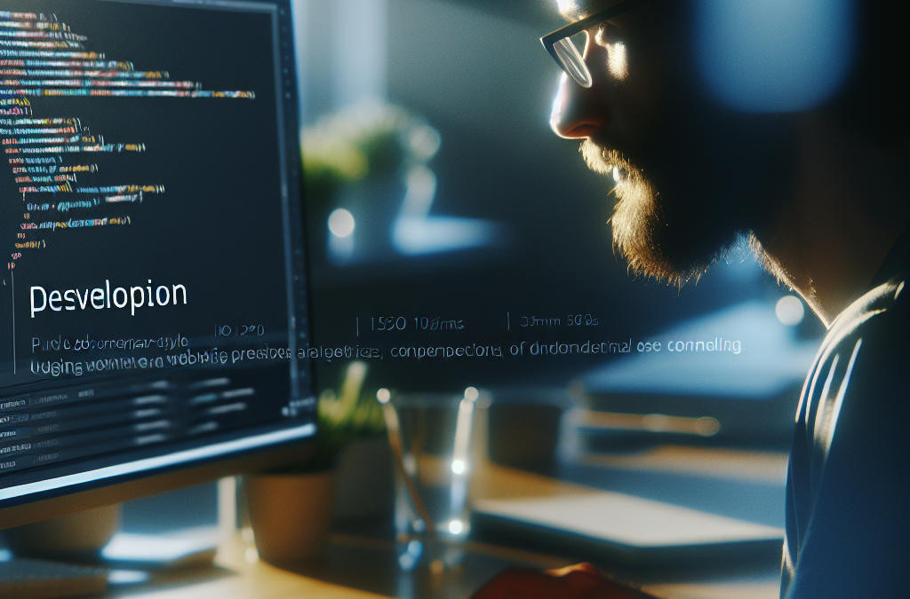 A person is working on a computer in a dimly lit room, writing code on the screen. The scene is illuminated by the monitor's light.