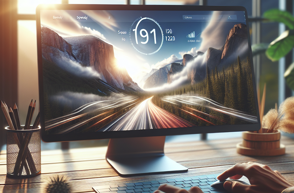 A person is using a computer with a large monitor displaying a digital speedometer over a scenic landscape of mountains and trees. The workspace is illuminated by natural light from a window.