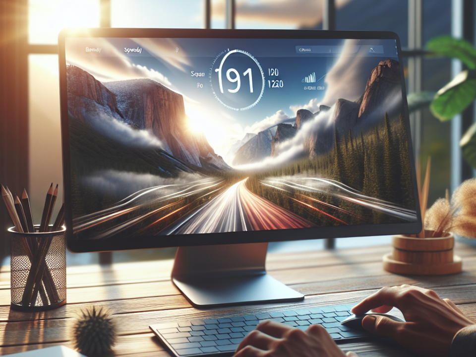 A person is using a computer with a large monitor displaying a digital speedometer over a scenic landscape of mountains and trees. The workspace is illuminated by natural light from a window.