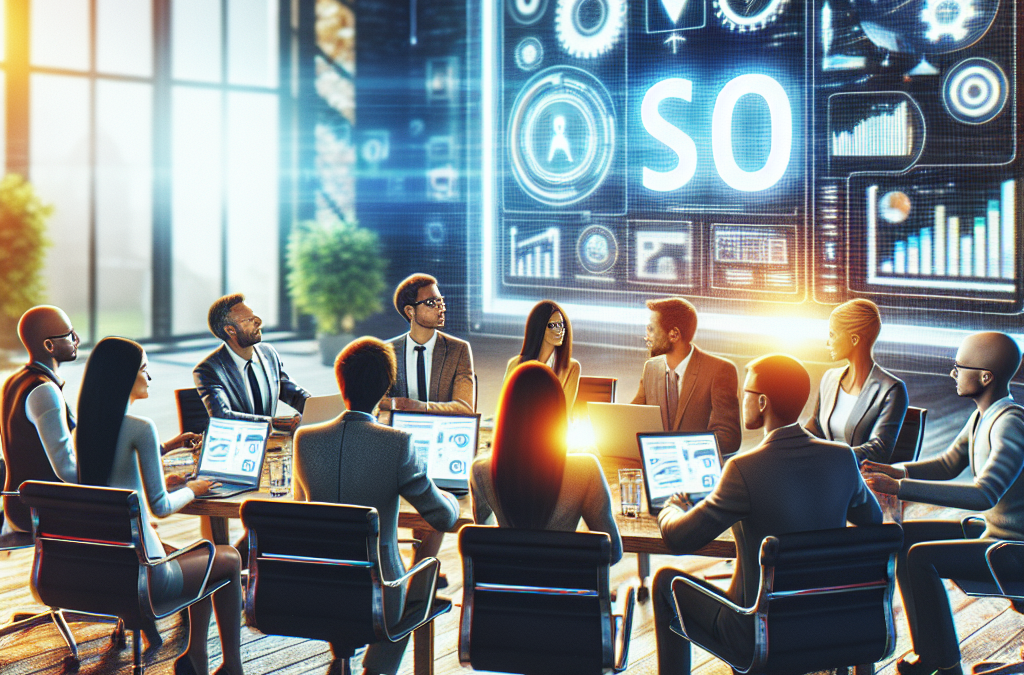 A group of people in business attire are sitting around a conference table with laptops and digital tablets. A large digital screen displays charts and the letters "SO". The setting is a modern office with large windows.