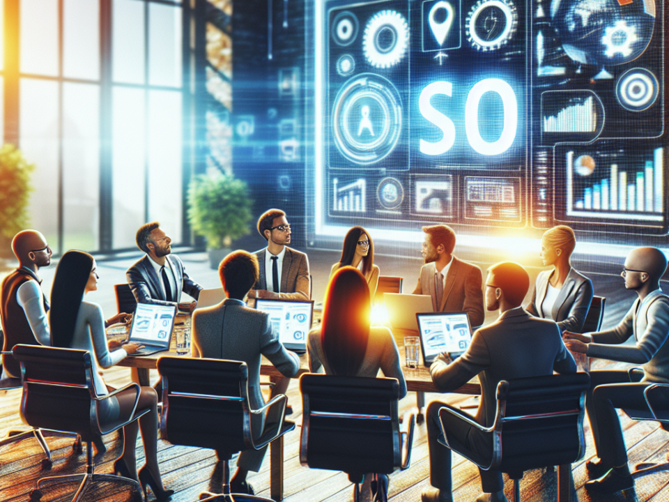 A group of people in business attire are sitting around a conference table with laptops and digital tablets. A large digital screen displays charts and the letters "SO". The setting is a modern office with large windows.