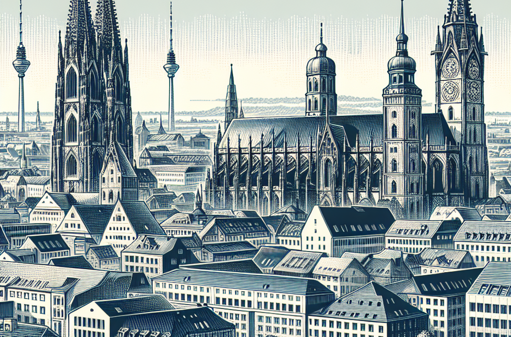 A detailed illustration of a cityscape featuring Gothic-style cathedrals with tall spires, surrounded by densely packed buildings. Several modern communication tower structures are visible in the background.