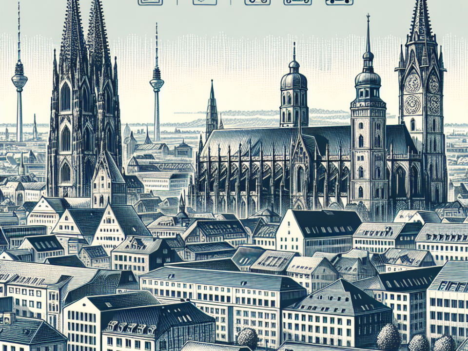 A detailed illustration of a cityscape featuring Gothic-style cathedrals with tall spires, surrounded by densely packed buildings. Several modern communication tower structures are visible in the background.