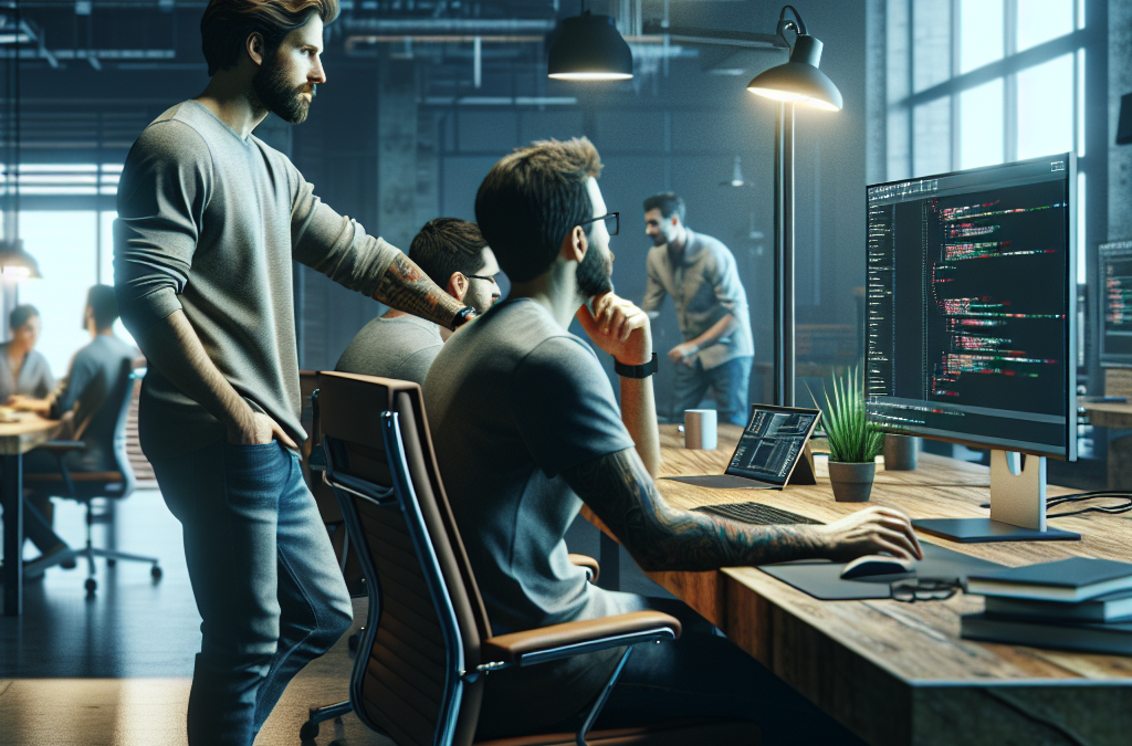 A group of people working in a modern open office space. One person is standing, looking at a colleague sitting at a desk with a computer screen displaying lines of code. The room is well-lit with hanging lamps and large windows.