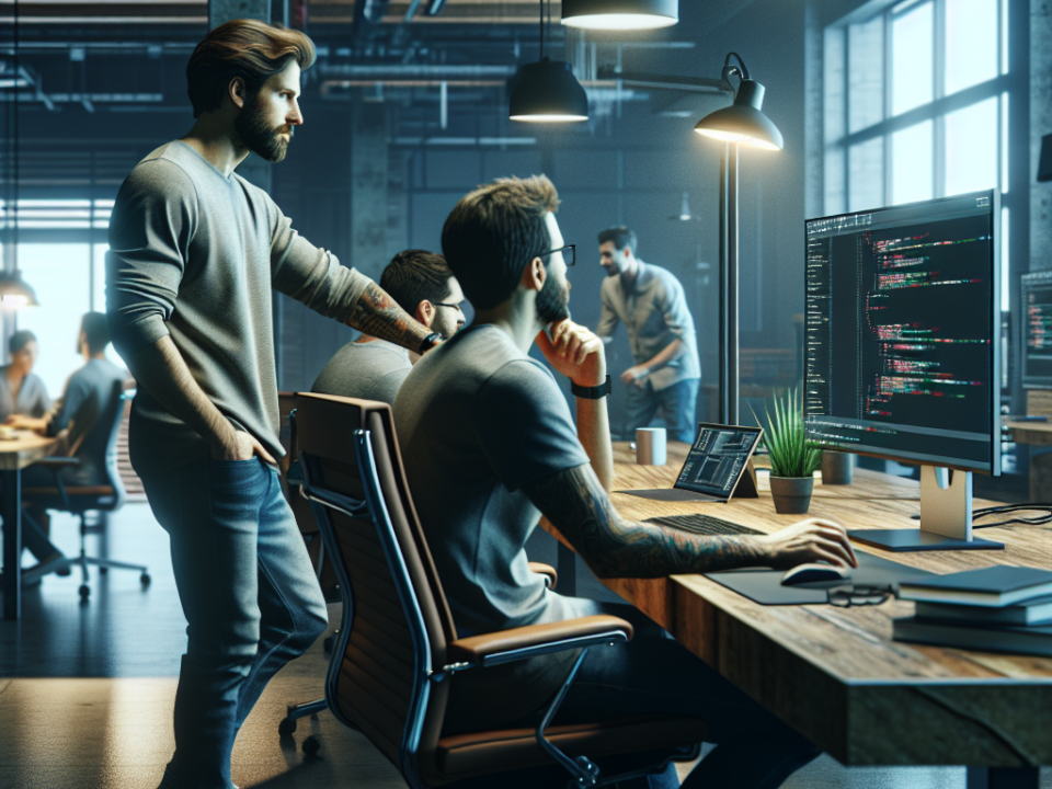 A group of people working in a modern open office space. One person is standing, looking at a colleague sitting at a desk with a computer screen displaying lines of code. The room is well-lit with hanging lamps and large windows.