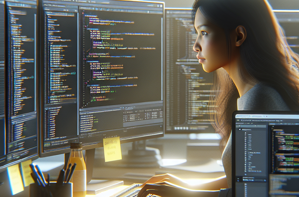 A person intently working on a computer with multiple screens showing lines of code, in an office setting. The desk is equipped with a keyboard, mouse, and stationery items.