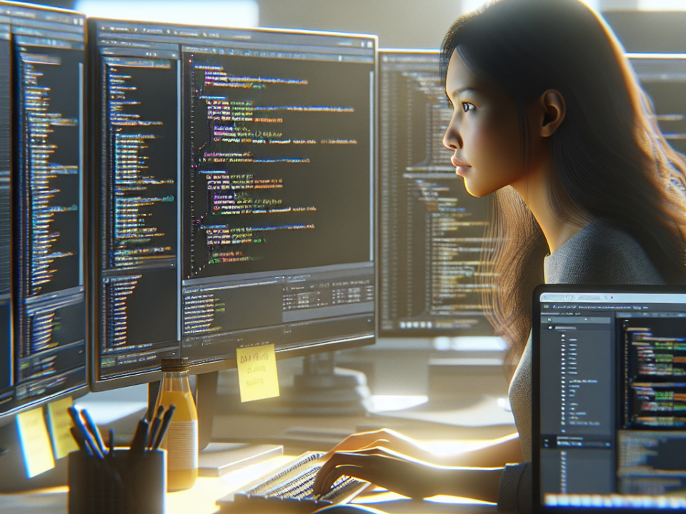 A person intently working on a computer with multiple screens showing lines of code, in an office setting. The desk is equipped with a keyboard, mouse, and stationery items.