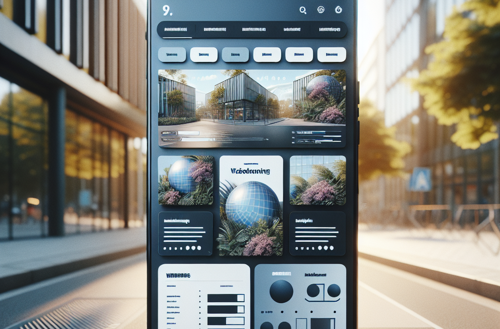 A smartphone placed on a car dashboard displays a futuristic website interface, featuring images of modern architecture and abstract design elements.