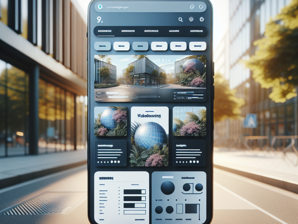 A smartphone placed on a car dashboard displays a futuristic website interface, featuring images of modern architecture and abstract design elements.