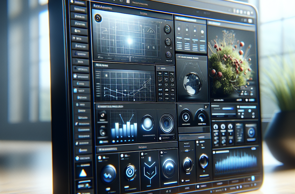 A futuristic computer screen displaying various data panels, charts, and graphs with a 3D model of a plant, set in a well-lit room.