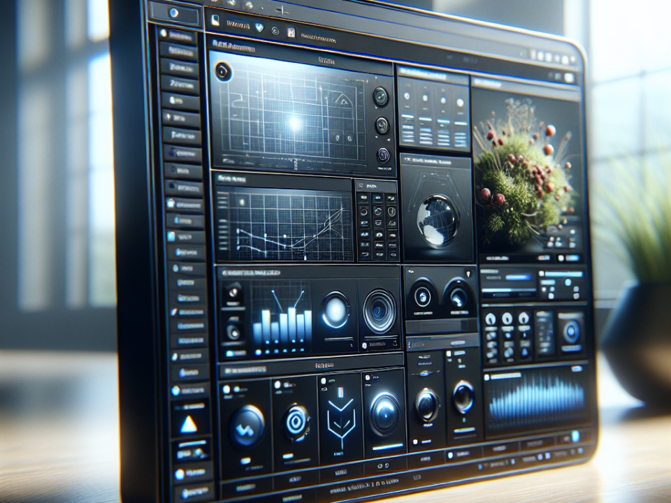 A futuristic computer screen displaying various data panels, charts, and graphs with a 3D model of a plant, set in a well-lit room.