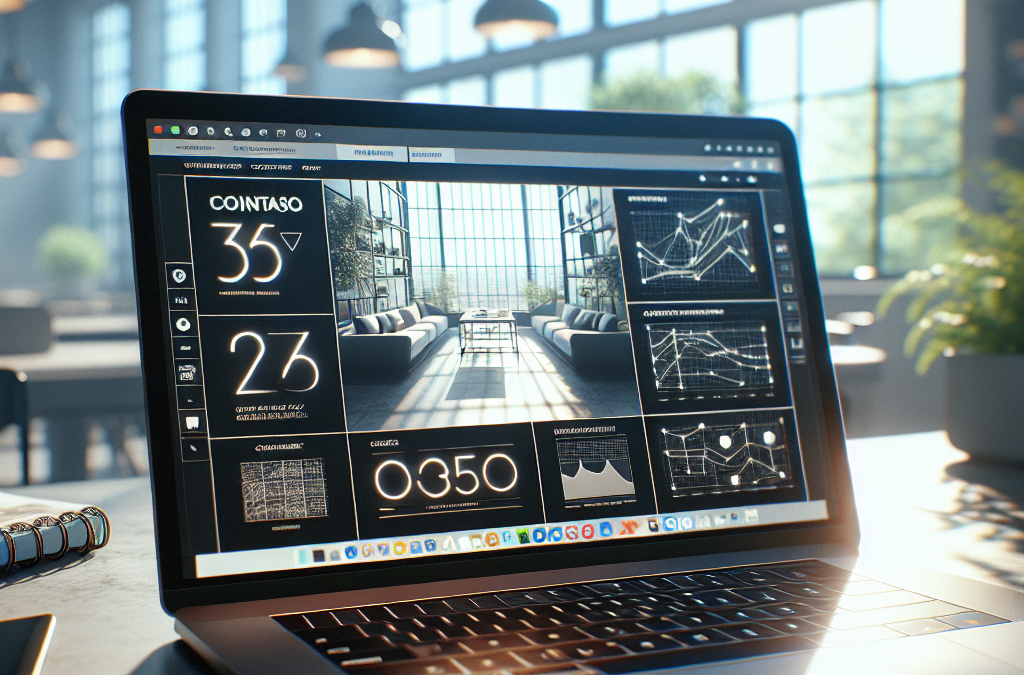 A laptop on a table displaying data analytics and graphs, with a modern office space visible in the background.