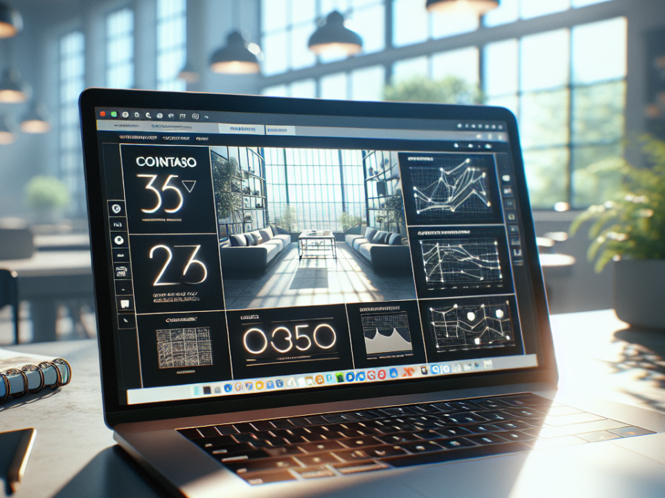 A laptop on a table displaying data analytics and graphs, with a modern office space visible in the background.