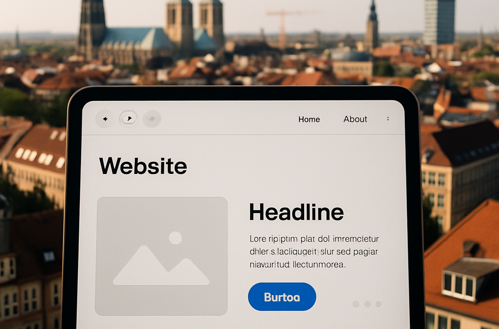 A tablet displaying a website template with a "Headline" and placeholder text is held against a blurred cityscape background with historic buildings and towers.