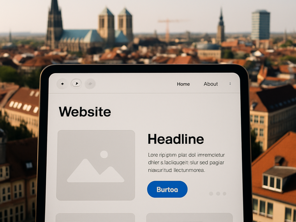 A tablet displaying a website template with a "Headline" and placeholder text is held against a blurred cityscape background with historic buildings and towers.