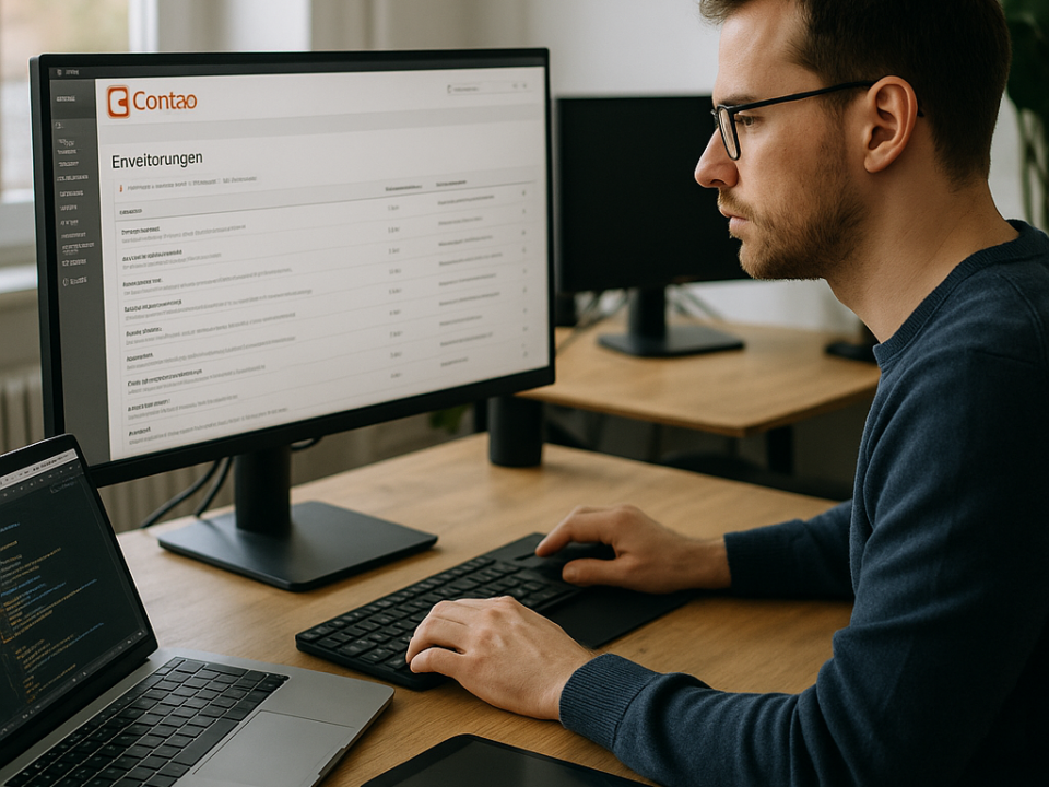 A man working at a desk with two computer screens. One screen displays a website dashboard in German. Various digital devices are also on the desk.