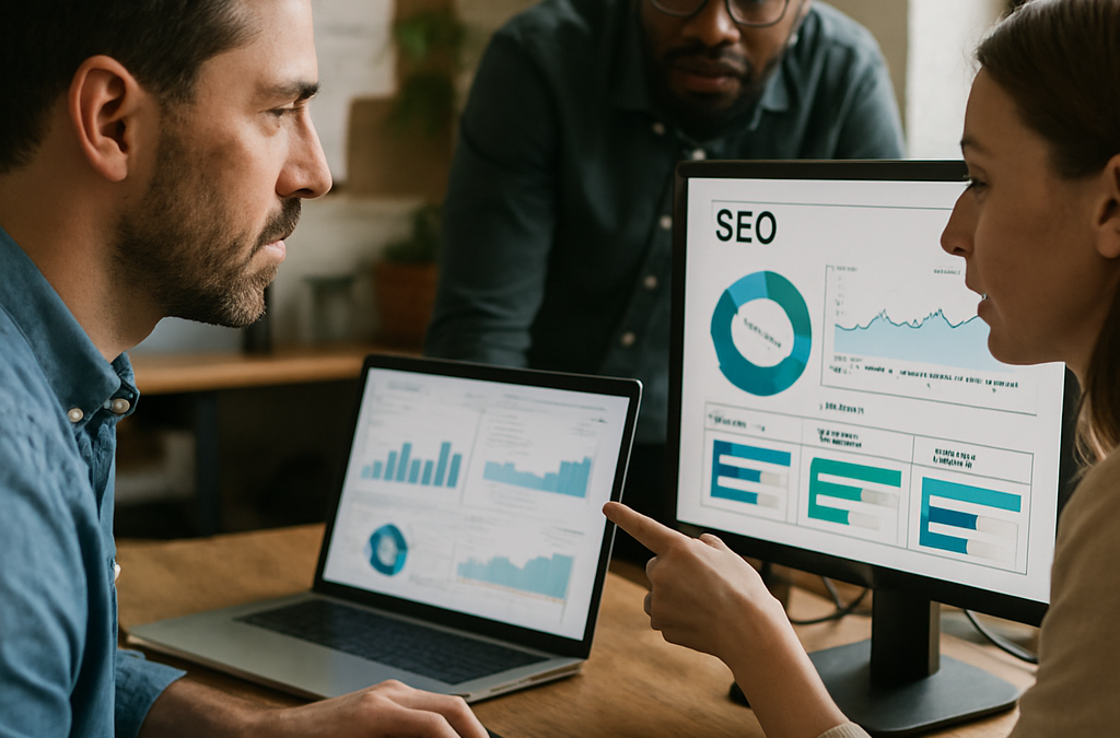Three people are discussing data displayed on computer screens showing SEO statistics and graphs.