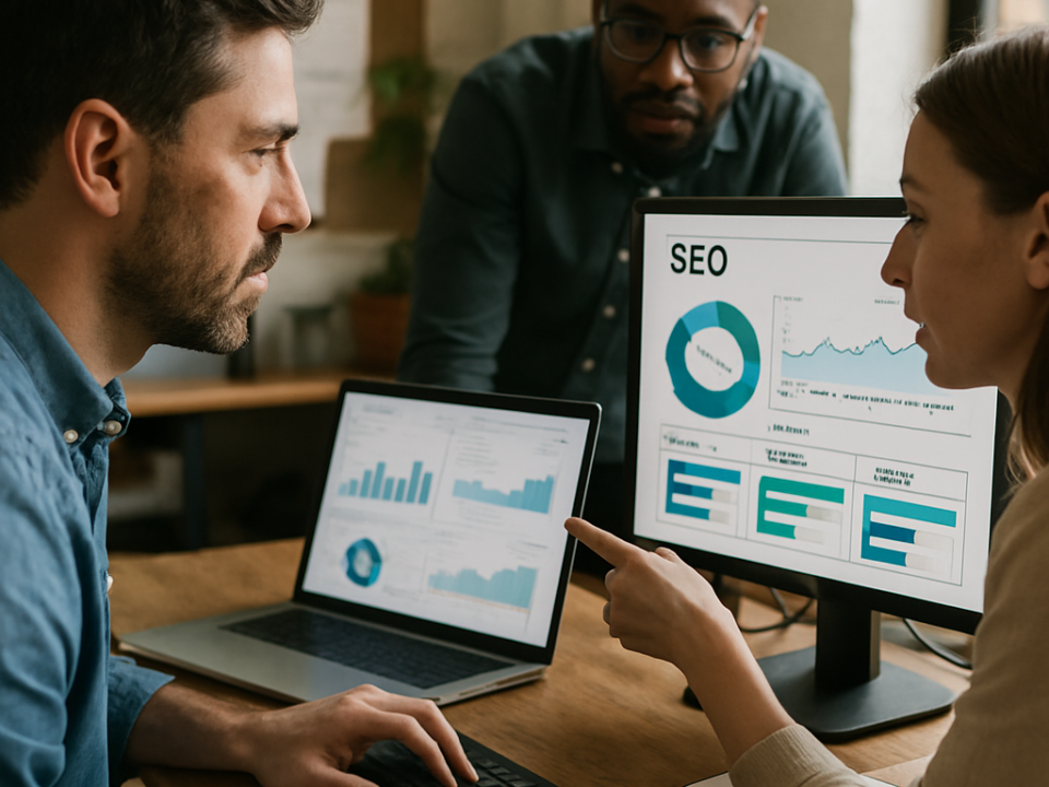 Three people are discussing data displayed on computer screens showing SEO statistics and graphs.