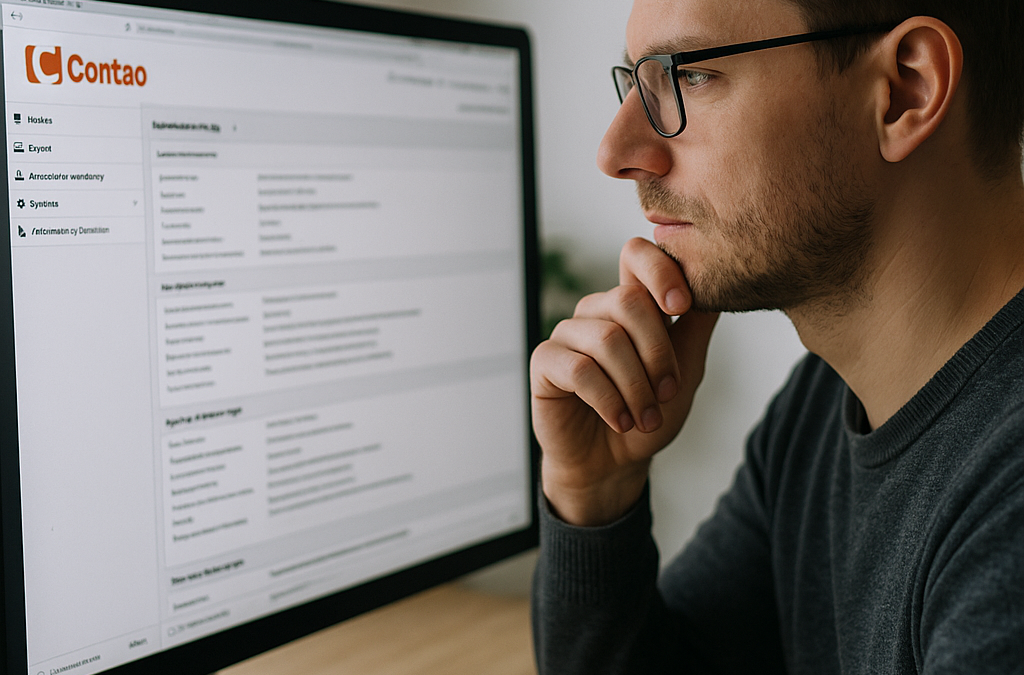 A man wearing glasses is thoughtfully looking at a computer monitor displaying a webpage with the Contao interface.