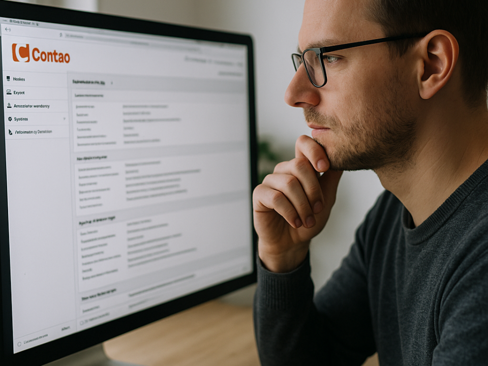 A man wearing glasses is thoughtfully looking at a computer monitor displaying a webpage with the Contao interface.